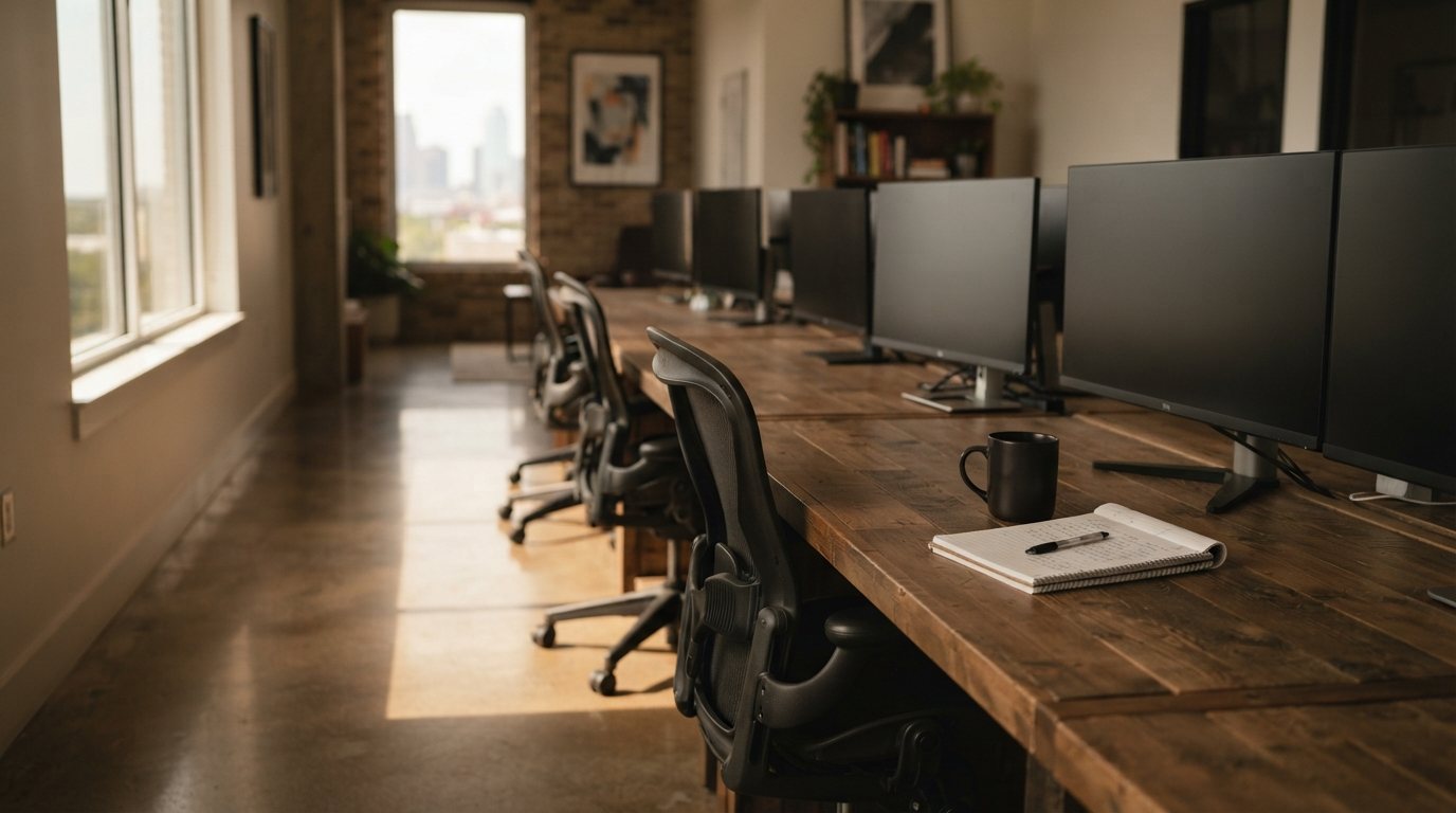 An office at the end of a clean: chairs pushed in under a long desk, dusted monitors dark, a full mug and a notepad on one desk, floors reflecting window light down the room