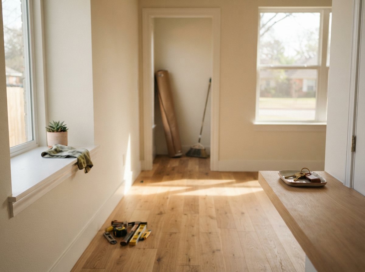 A just-remodeled room with the last dust wiped from a broad windowsill, protective paper rolled up in the corner, a set of keys on a tray by the door, bare new floor catching window light